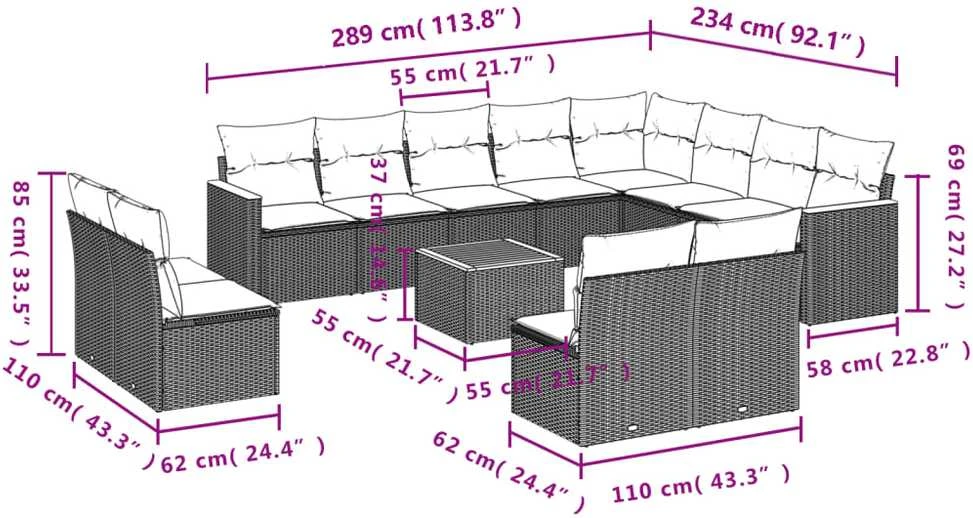 Sofa Sofos komplektas su pagalvėlėmis, 13 dalių, smėlio, poliratanas