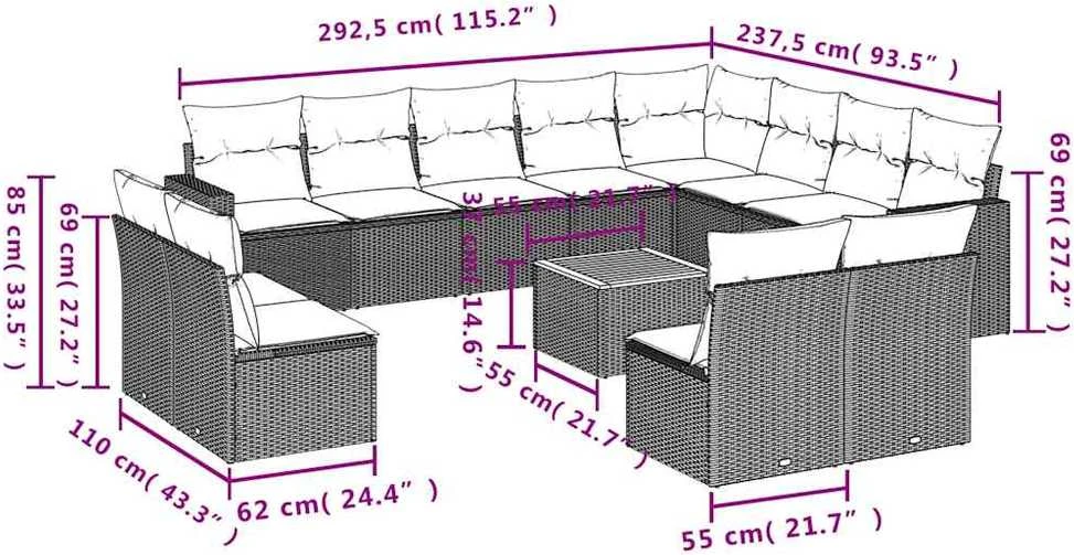 Lauko baldų komplektas Sofos komplektas su pagalvėlėmis, 13 dalių, juodas, poliratanas