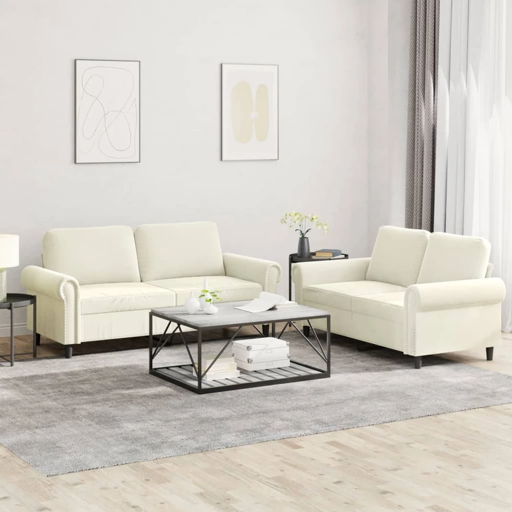 Sofa Sofos komplektas su pagalvėlėmis, 2 dalių, kreminis, aksomas