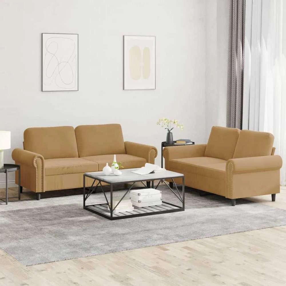Sofa Sofos komplektas su pagalvėlėmis, 2 dalių, rudas, aksomas