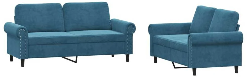 Sofa Sofos komplektas su pagalvėlėmis, 2 dalių, mėlynas, aksomas