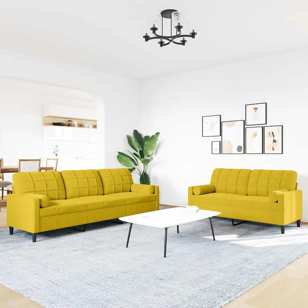 Sofa Sofos komplektas su pagalvėlėmis, 2 dalių, geltonas, aksomas