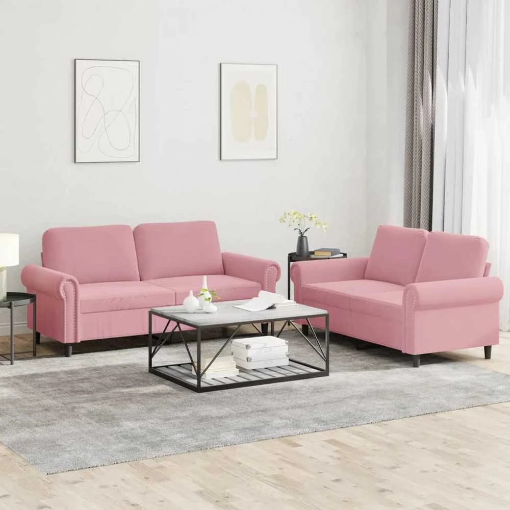 Sofa Sofos komplektas su pagalvėlėmis, 2 dalių, rožinis, aksomas