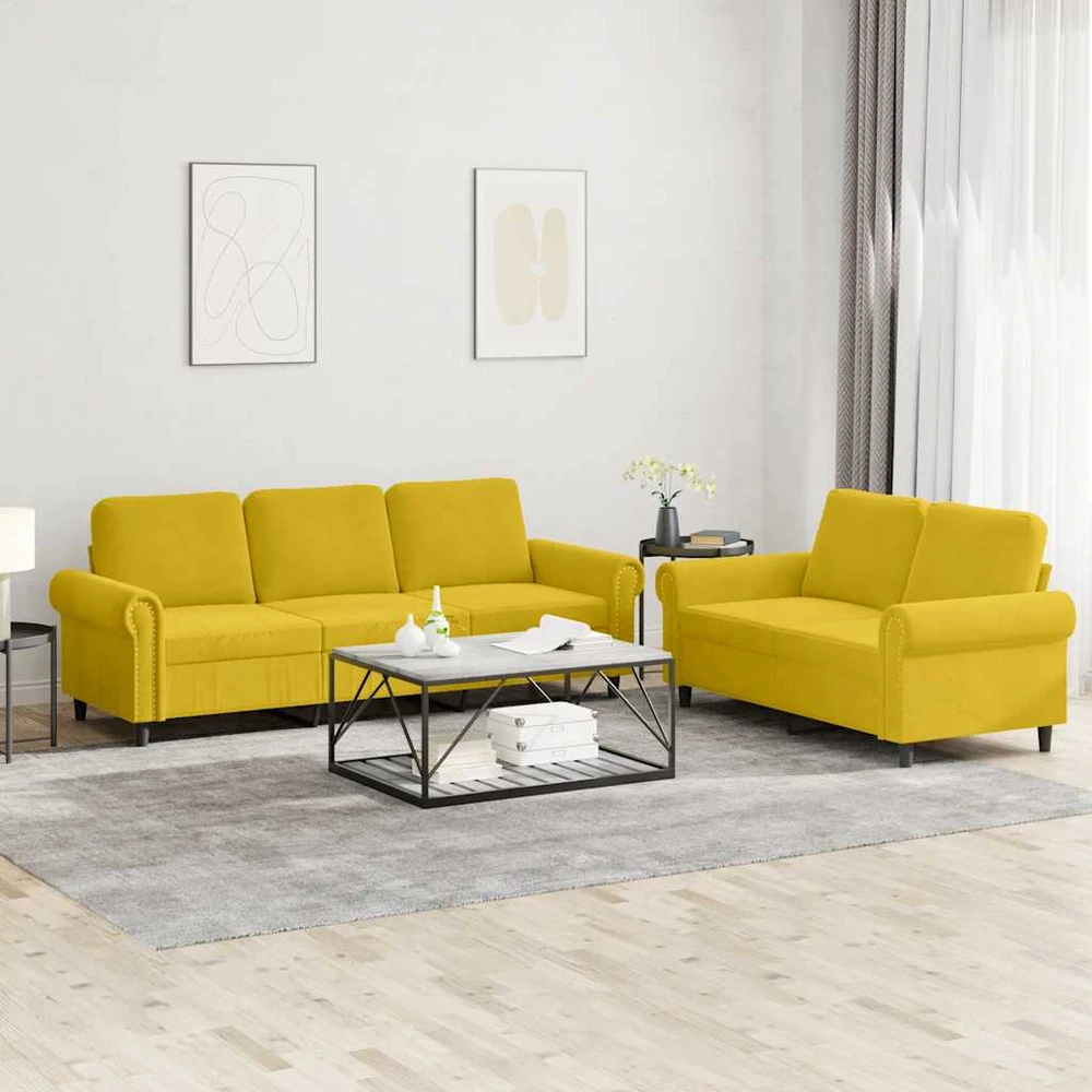 Sofa Sofos komplektas su pagalvėlėmis, 2 dalių, geltonas, aksomas