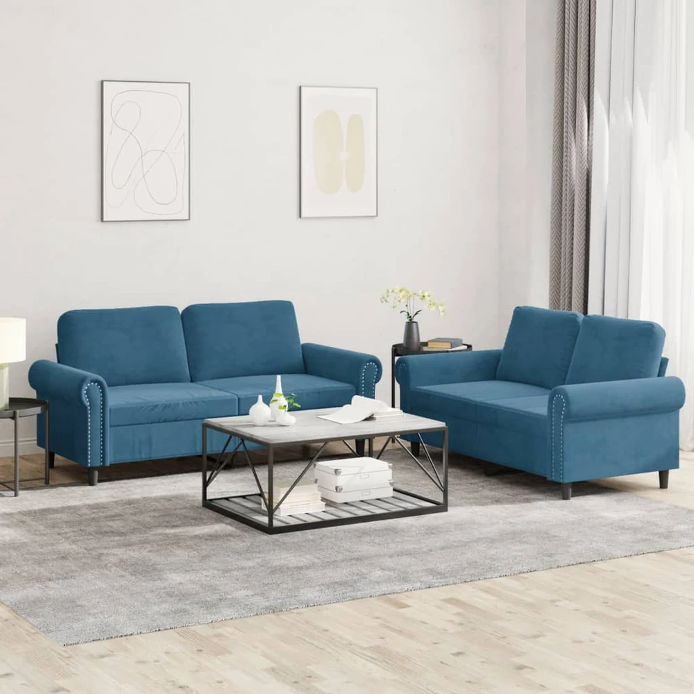 Sofa Sofos komplektas su pagalvėlėmis, 2 dalių, mėlynas, aksomas