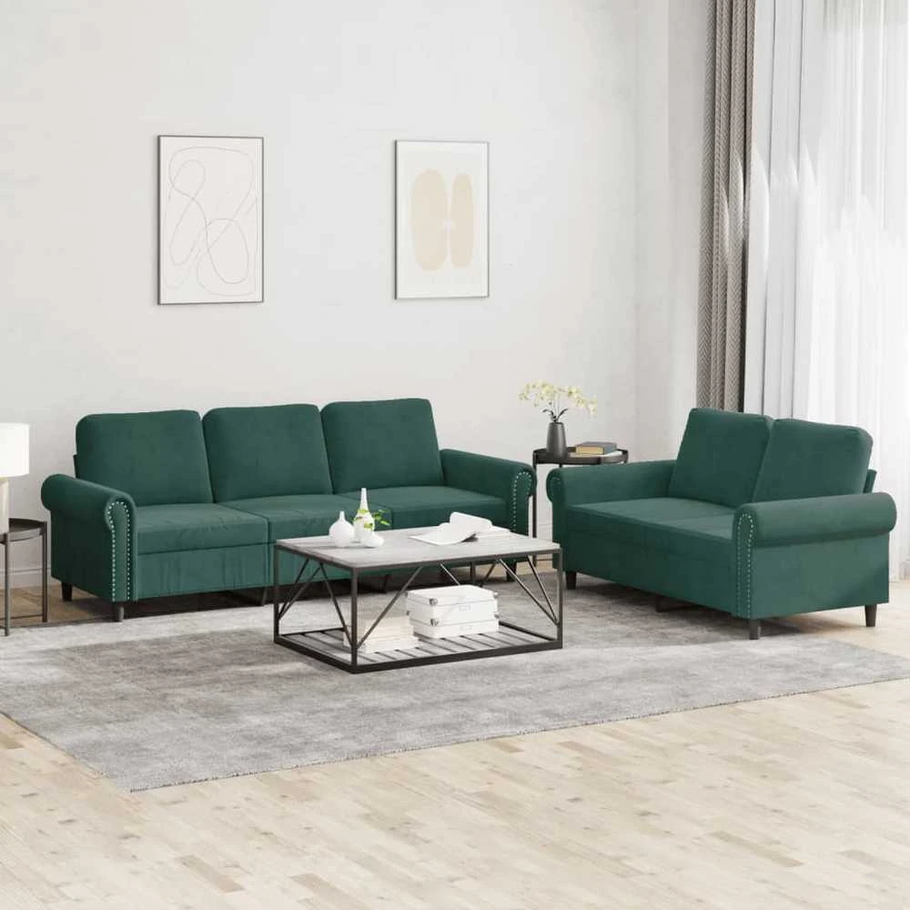Sofa Sofos komplektas su pagalvėlėmis, 2 dalių, žalias, aksomas