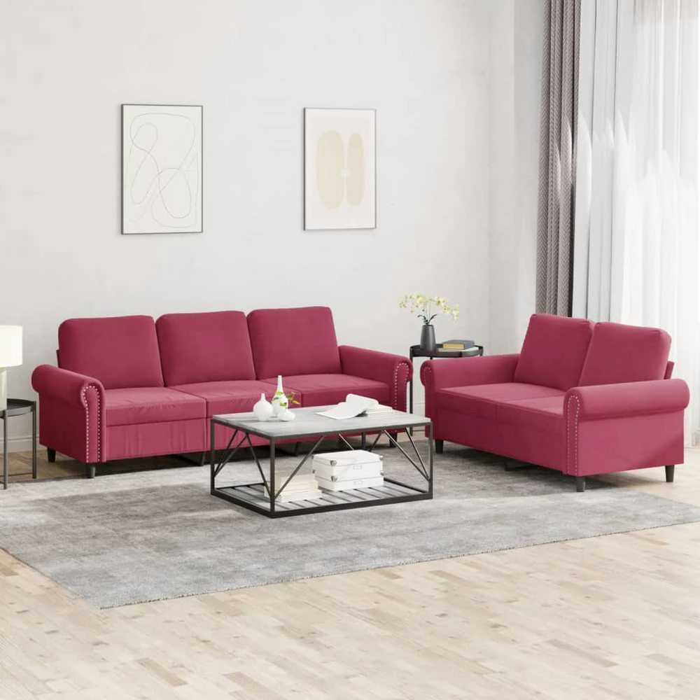 Sofa Sofos komplektas su pagalvėlėmis, 2 dalių, vyno, aksomas