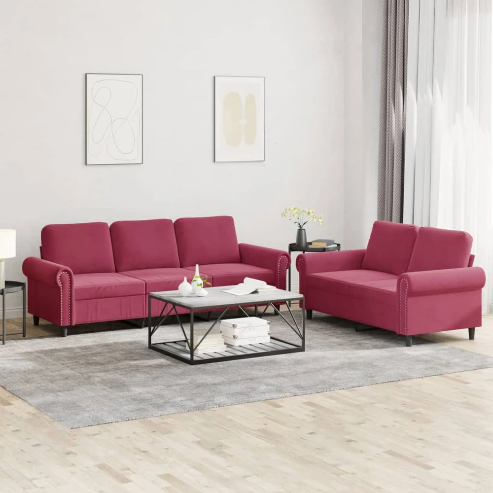 Sofa Sofos komplektas su pagalvėlėmis, 2 dalių, vyno, aksomas