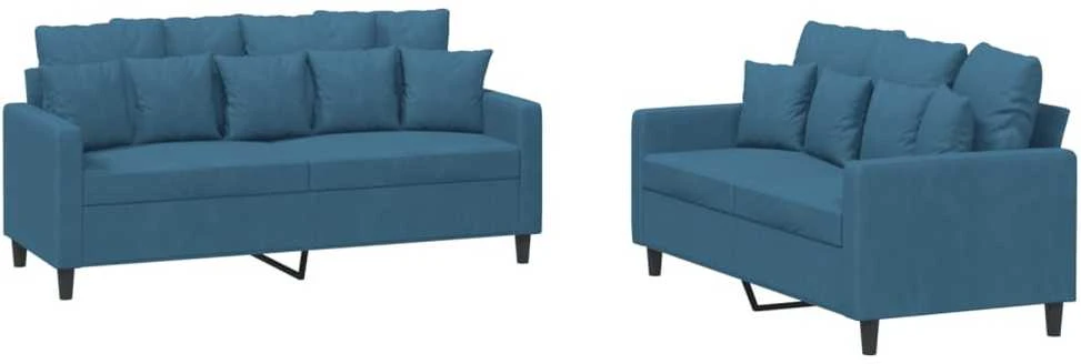 Sofa Sofos komplektas su pagalvėlėmis, 2 dalių, mėlynas, aksomas