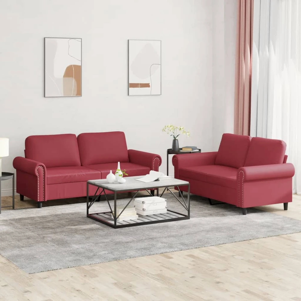 Sofa Sofos komplektas su pagalvėlėmis, 2 dalių, vyno, dirbtinė oda