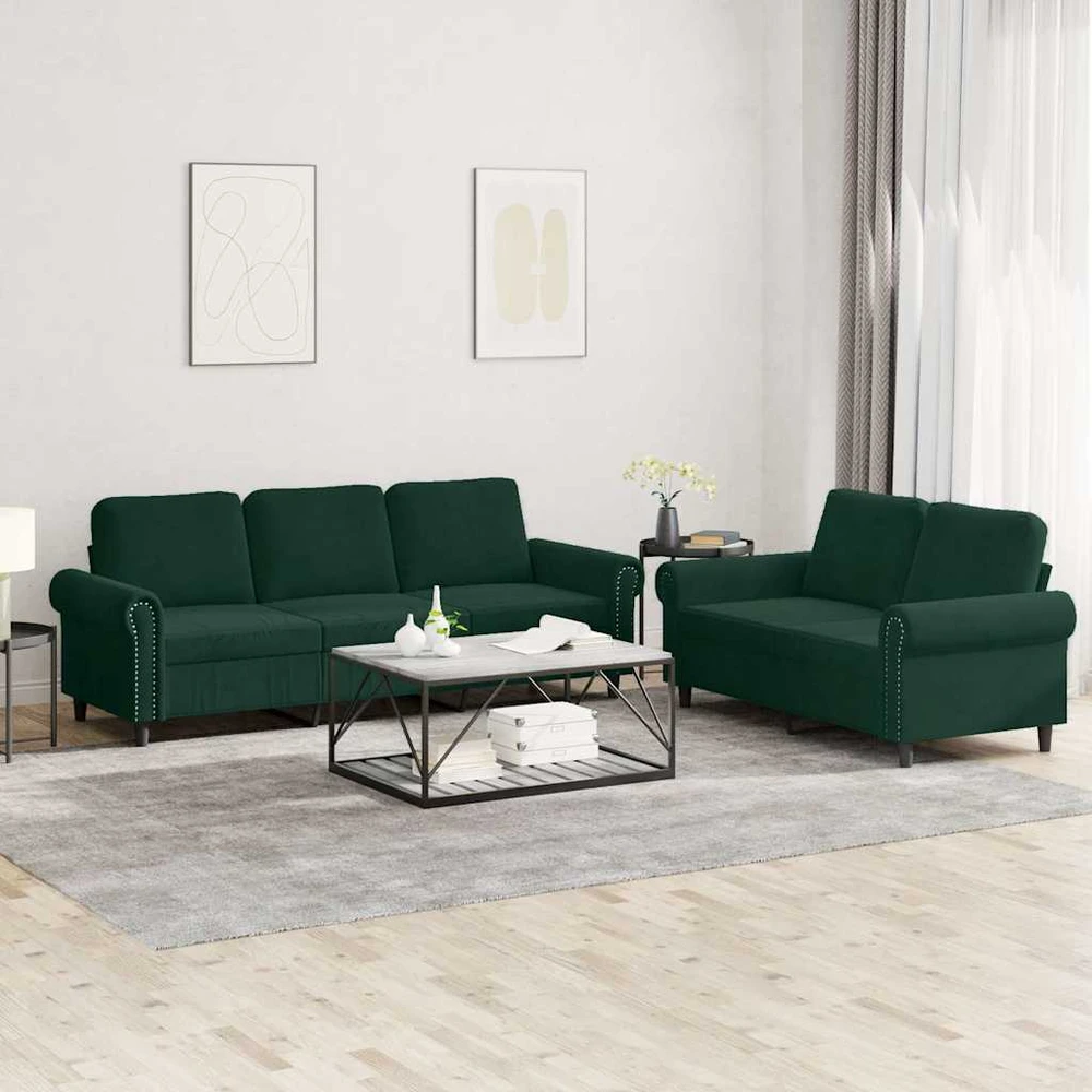 Sofa Sofos komplektas su pagalvėlėmis, 2 dalių, žalias, aksomas