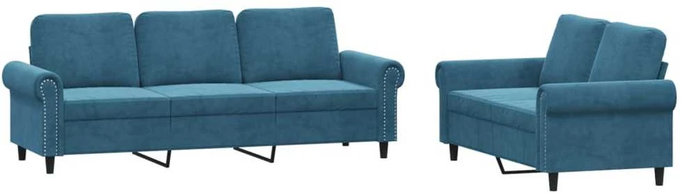 Sofa Sofos komplektas su pagalvėlėmis, 2 dalių, mėlynas, aksomas