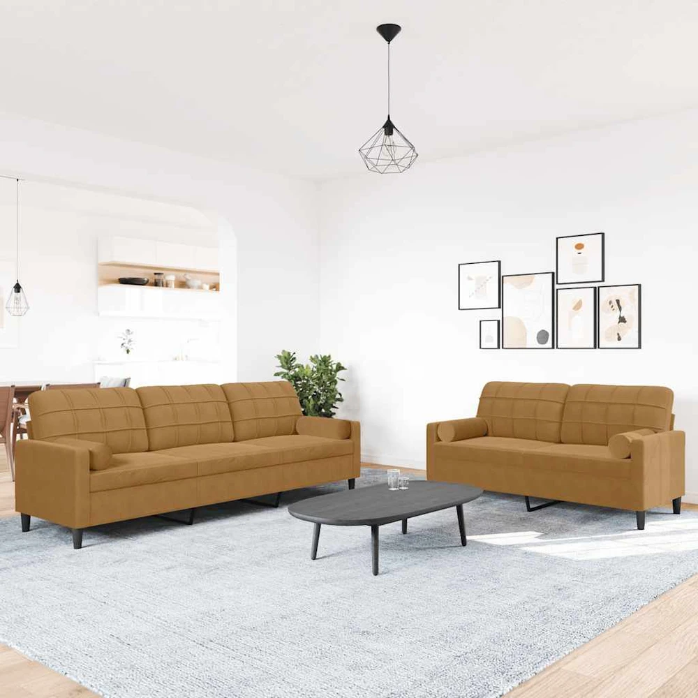Sofa Sofos komplektas su pagalvėlėmis, 2 dalių, rudas, aksomas
