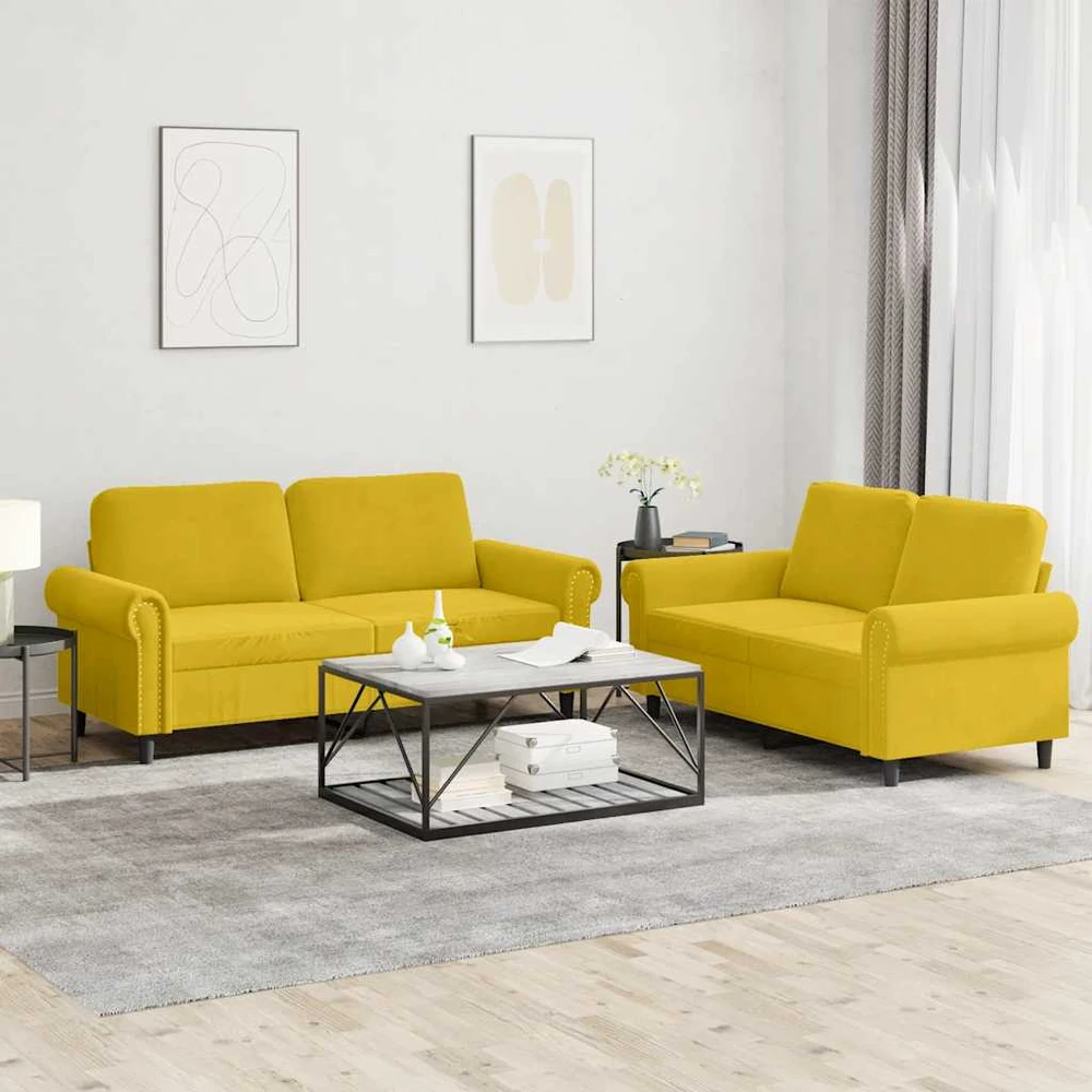 Sofa Sofos komplektas su pagalvėlėmis, 2 dalių, geltonas, aksomas