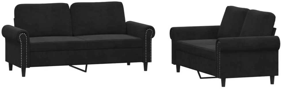 Sofa Sofos komplektas su pagalvėlėmis, 2 dalių, juodas, aksomas