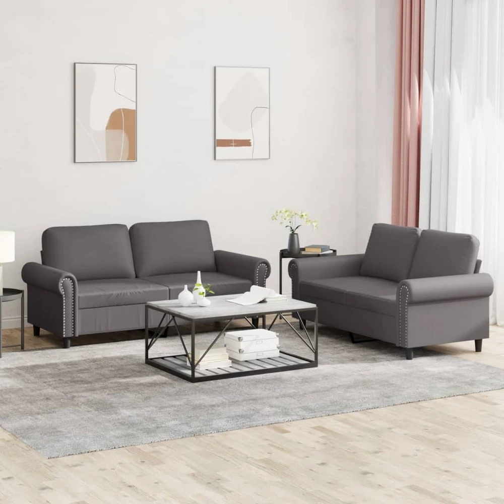Sofa Sofos komplektas su pagalvėlėmis, 2 dalių, pilkas, dirbtinė oda