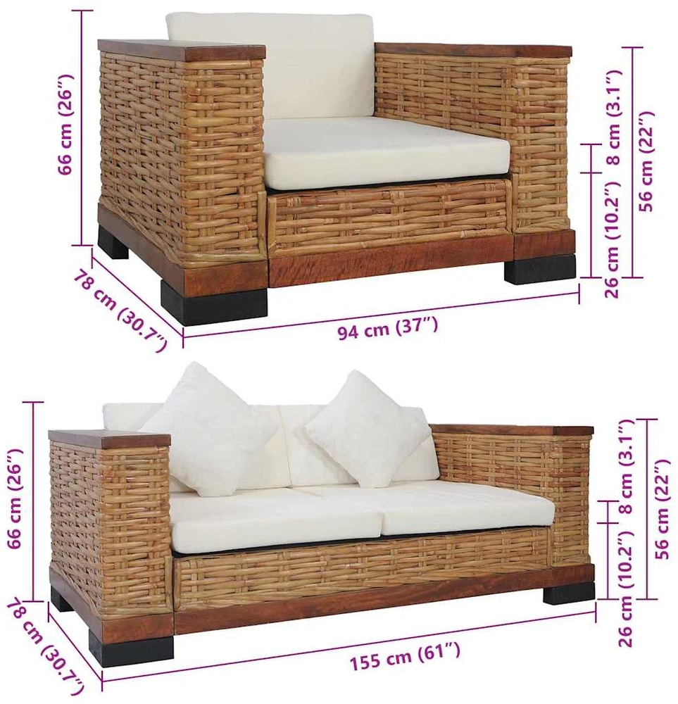 Sofa Sofos komplektas su pagalvėlėmis, 2d., rudos sp., nat. ratanas