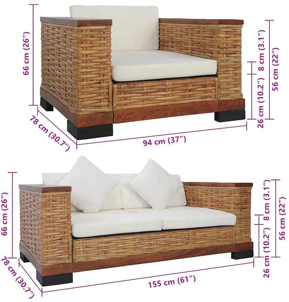 Sofa Sofos komplektas su pagalvėlėmis, 2d., rudos sp., nat. ratanas