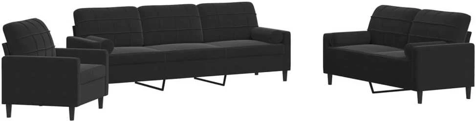 Sofa Sofos komplektas su pagalvėlėmis, 3 dalių, juodas, aksomas