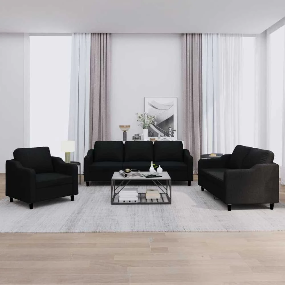 Sofa Sofos komplektas su pagalvėlėmis, 3 dalių, juodas, audinys