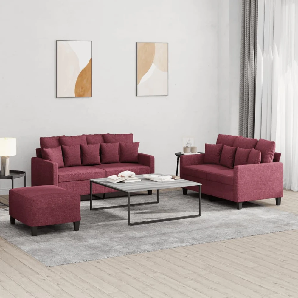 Sofa Sofos komplektas su pagalvėlėmis, 3 dalių, vyno, audinys