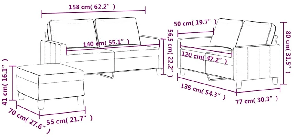 Sofa Sofos komplektas su pagalvėlėmis, 3 dalių, mėlynas, aksomas