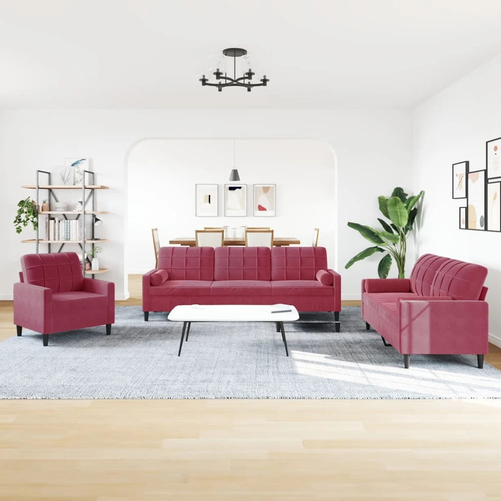 Sofa Sofos komplektas su pagalvėlėmis, 3 dalių, vyno, aksomas
