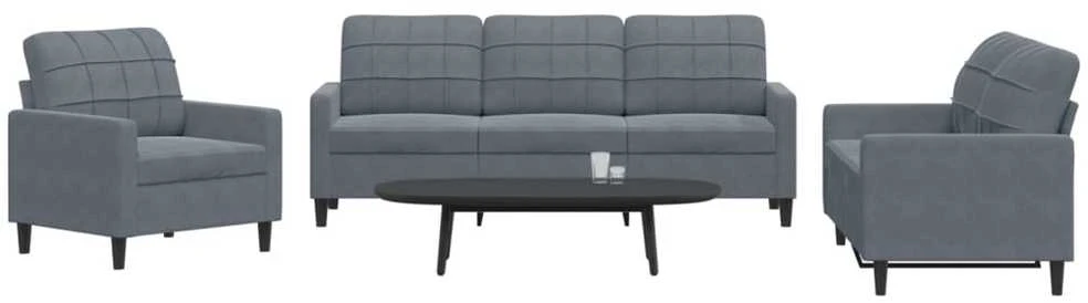 Sofa Sofos komplektas su pagalvėlėmis, 3 dalių, pilkas, aksomas