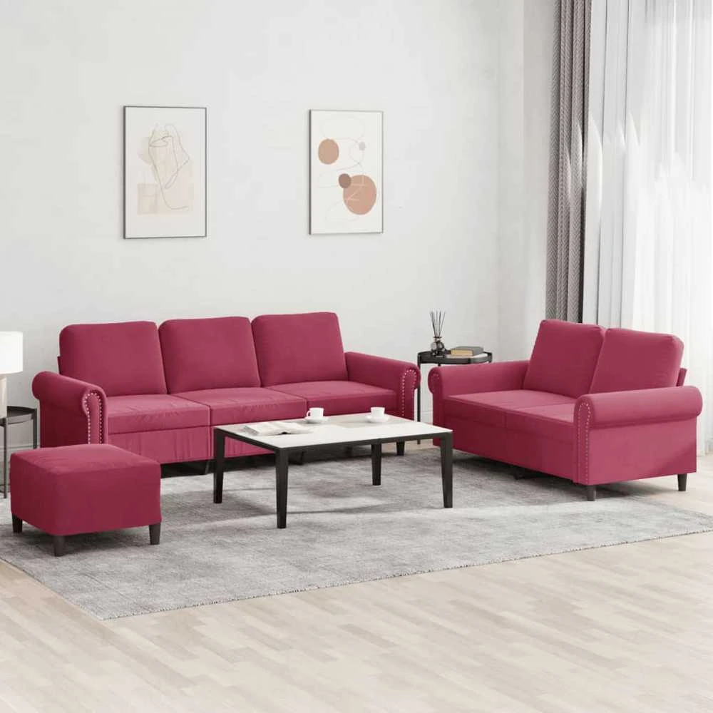 Sofa Sofos komplektas su pagalvėlėmis, 3 dalių, vyno, aksomas