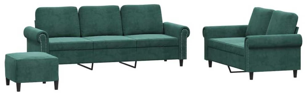 Sofa Sofos komplektas su pagalvėlėmis, 3 dalių, žalias, aksomas