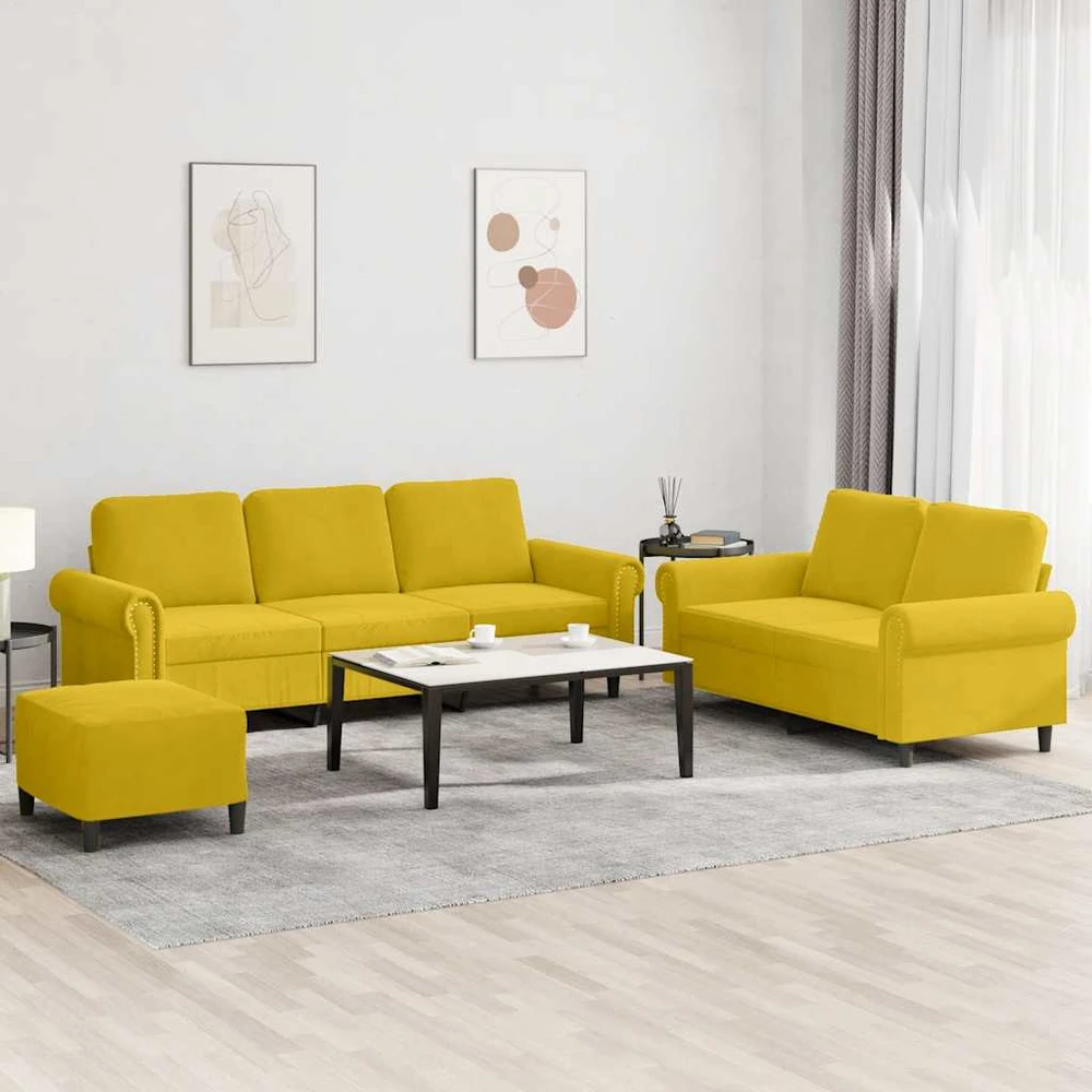 Sofa Sofos komplektas su pagalvėlėmis, 3 dalių, geltonas, aksomas