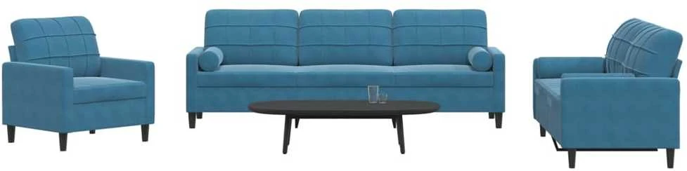 Sofa Sofos komplektas su pagalvėlėmis, 3 dalių, mėlynas, aksomas