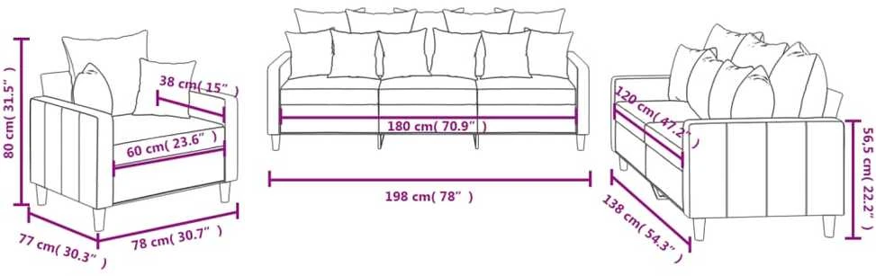 Sofa Sofos komplektas su pagalvėlėmis, 3 dalių, pilkas, aksomas