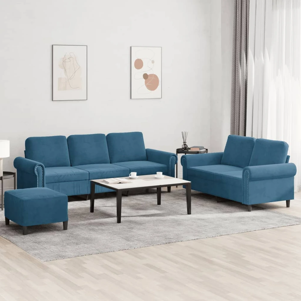 Sofa Sofos komplektas su pagalvėlėmis, 3 dalių, mėlynas, aksomas