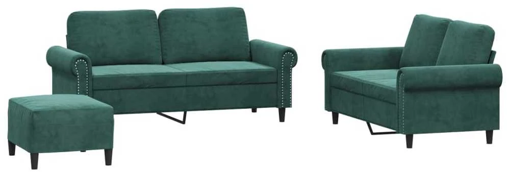 Sofa Sofos komplektas su pagalvėlėmis, 3 dalių, žalias, aksomas