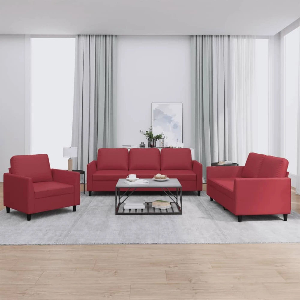 Sofa Sofos komplektas su pagalvėlėmis, 3 dalių, vyno, dirbtinė oda