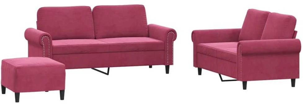 Sofa Sofos komplektas su pagalvėlėmis, 3 dalių, vyno, aksomas