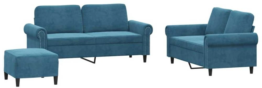Sofa Sofos komplektas su pagalvėlėmis, 3 dalių, mėlynas, aksomas