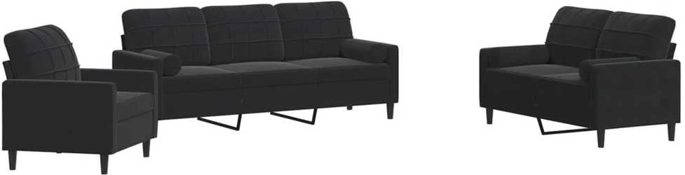 Sofa Sofos komplektas su pagalvėlėmis, 3 dalių, juodas, aksomas
