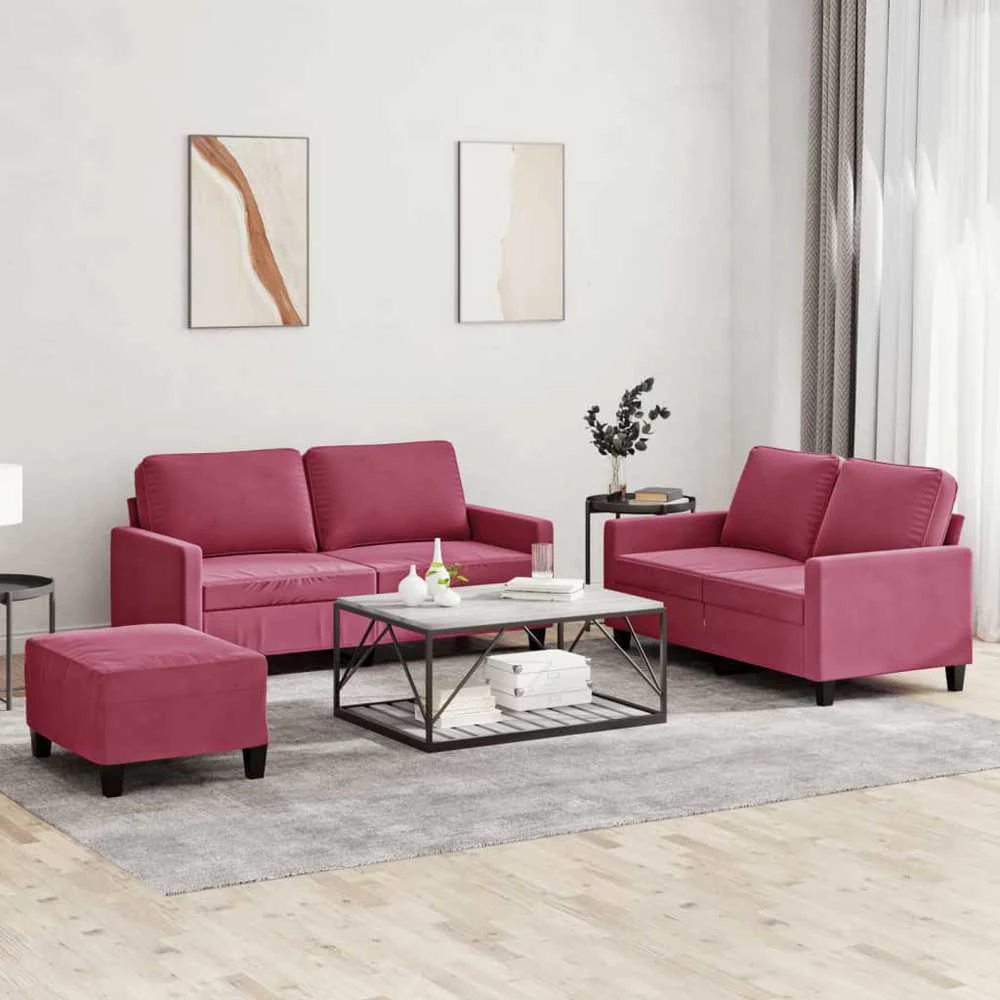Sofa Sofos komplektas su pagalvėlėmis, 3 dalių, vyno, aksomas