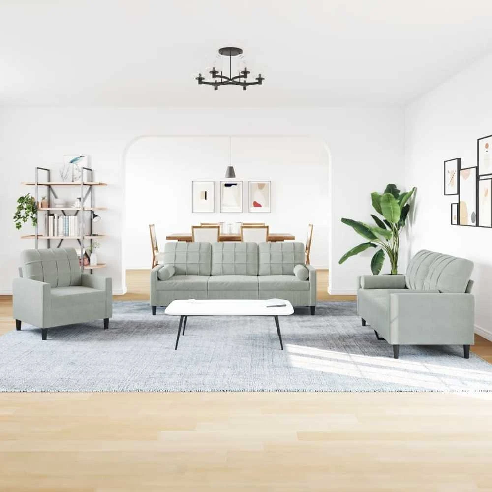 Sofa Sofos komplektas su pagalvėlėmis, 3 dalių, pilkas, aksomas