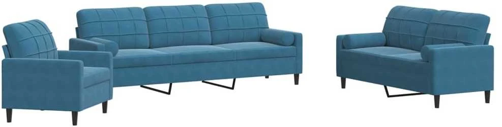 Sofa Sofos komplektas su pagalvėlėmis, 3 dalių, mėlynas, aksomas