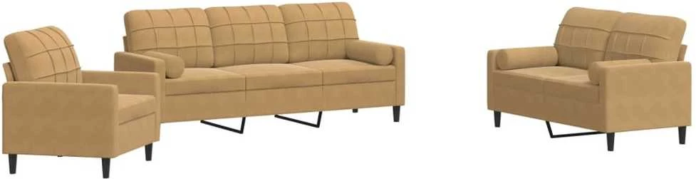 Sofa Sofos komplektas su pagalvėlėmis, 3 dalių, rudas, aksomas