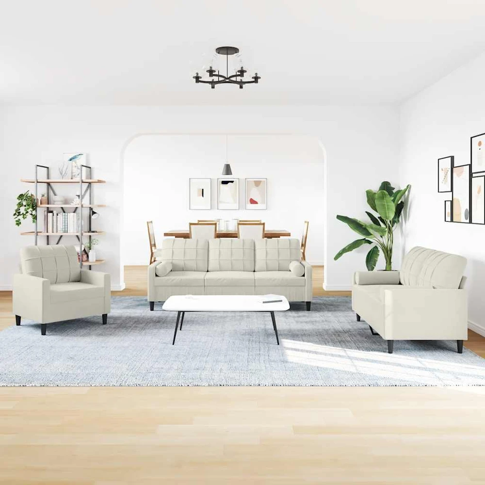 Sofa Sofos komplektas su pagalvėlėmis, 3 dalių, kreminis, aksomas