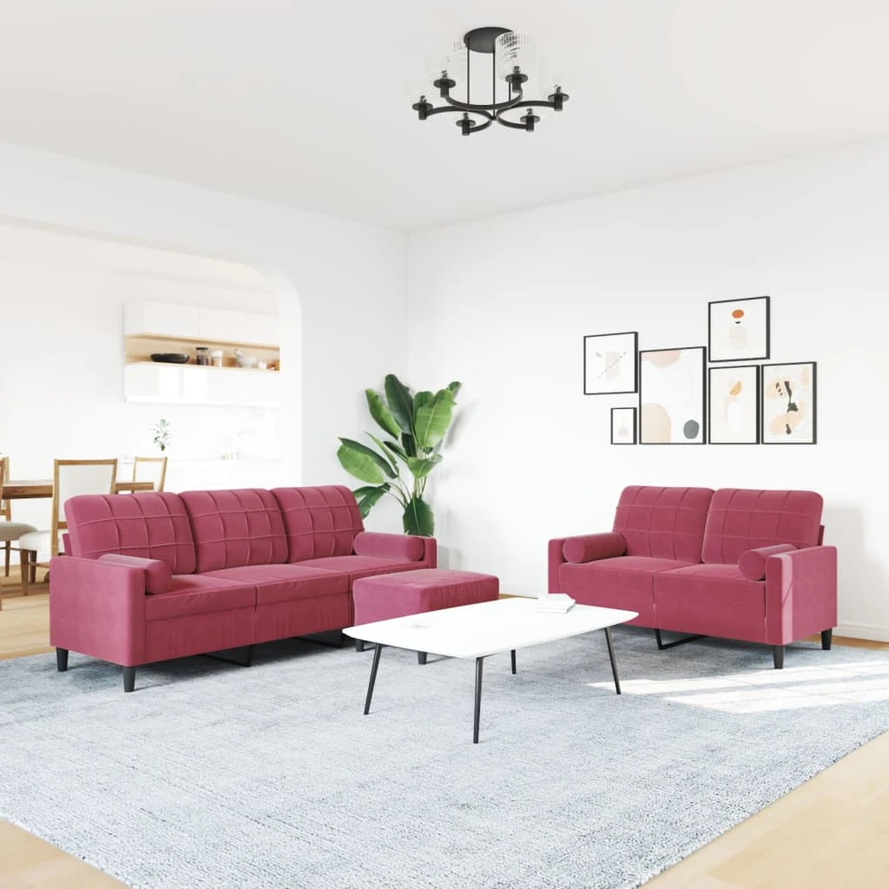 Sofa Sofos komplektas su pagalvėlėmis, 3 dalių, vyno, aksomas