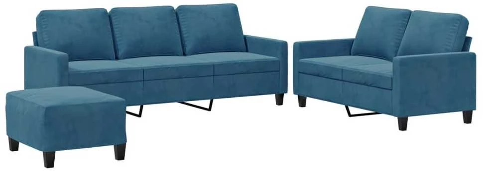 Sofa Sofos komplektas su pagalvėlėmis, 3 dalių, mėlynas, aksomas