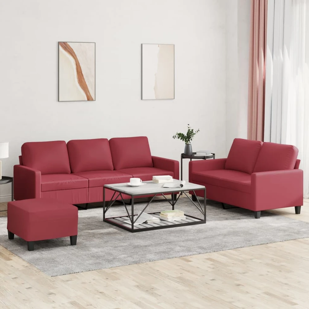Sofa Sofos komplektas su pagalvėlėmis, 3 dalių, vyno, dirbtinė oda