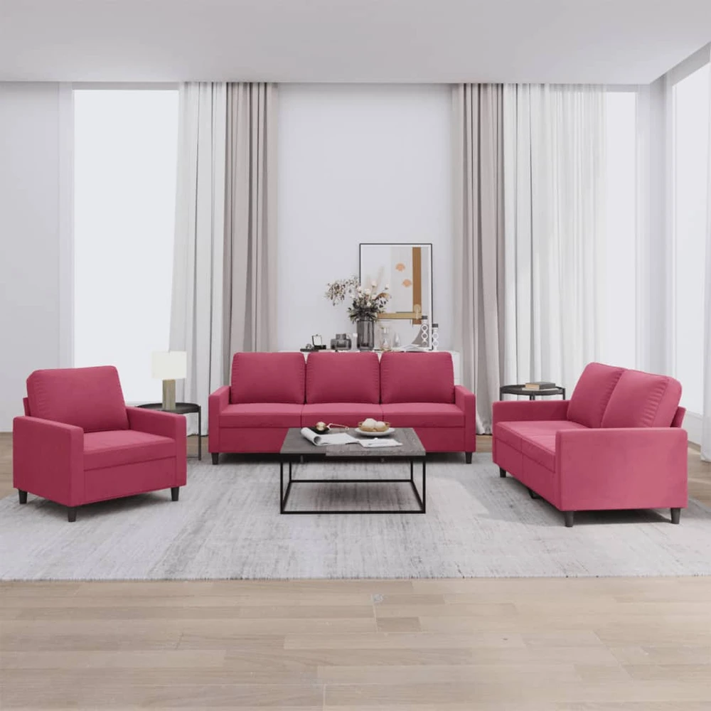 Sofa Sofos komplektas su pagalvėlėmis, 3 dalių, vyno, aksomas