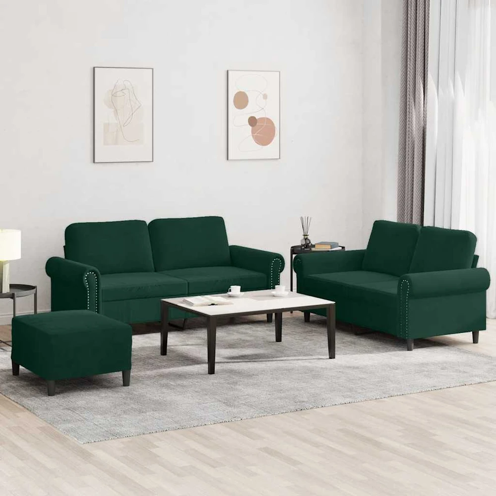 Sofa Sofos komplektas su pagalvėlėmis, 3 dalių, žalias, aksomas