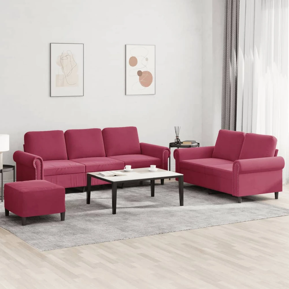 Sofa Sofos komplektas su pagalvėlėmis, 3 dalių, vyno, aksomas